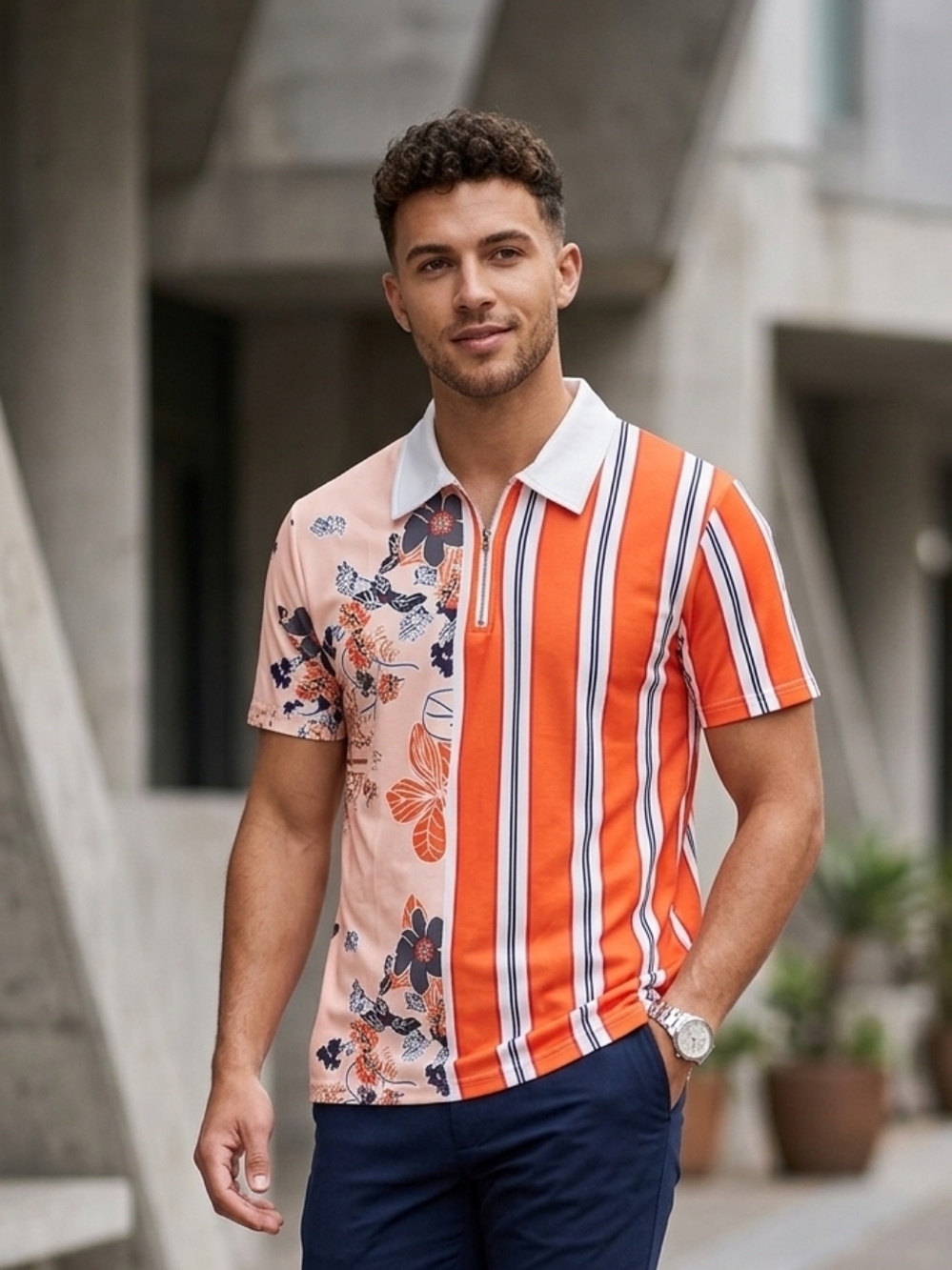 Men’s Modern Boho Floral & Striped Colorblock Quarter-Zip Polo